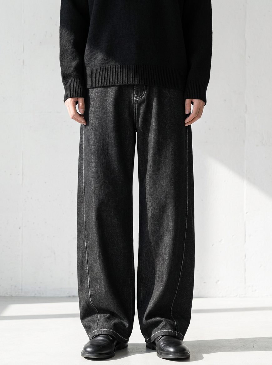 Contrast Stitch Panel Black Denim｜BM-B-129 – BOZBRO