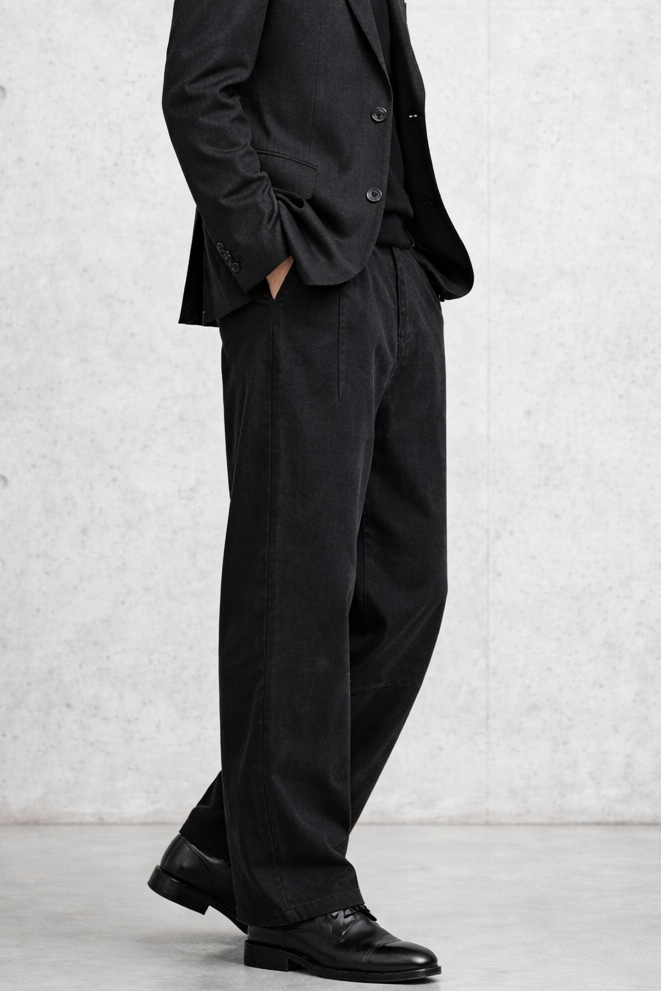 3D Arc-Cut Wide-Leg Black Trousers｜BM-B-138