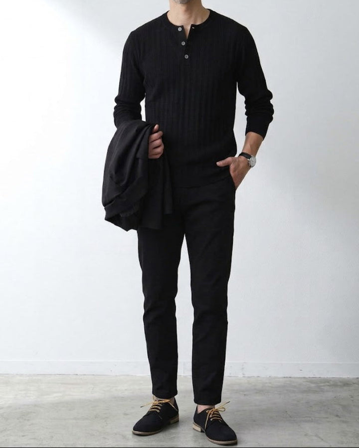 Ribbed Henley Neck Layered Knit Sweater｜BM-T-186