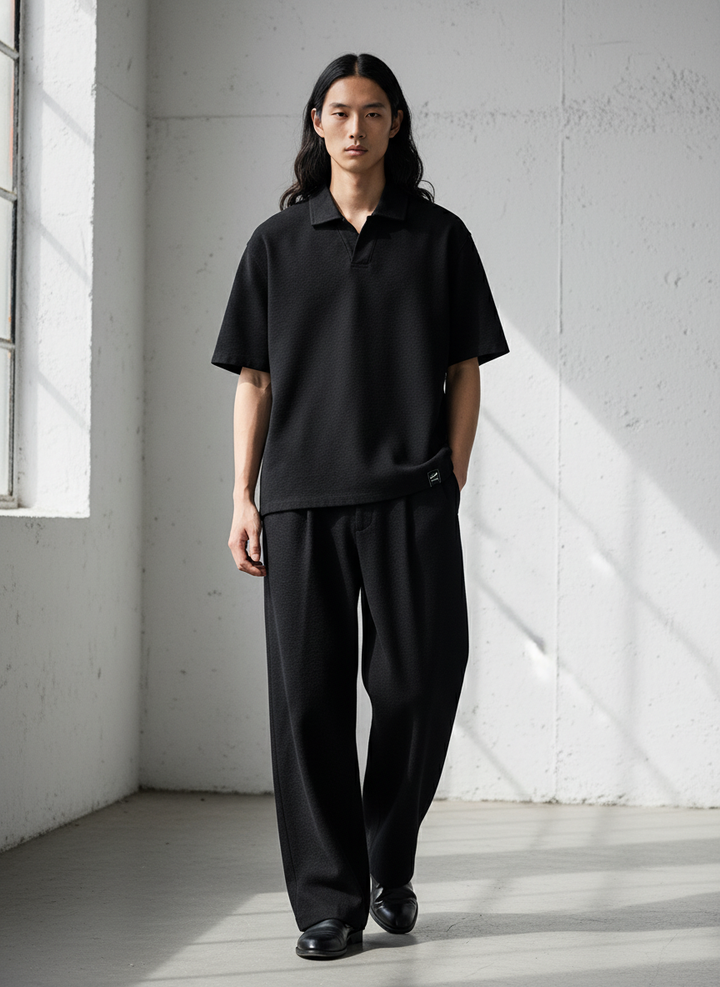 Loose Half Sleeve Textured Knit Polo｜BM-T125
