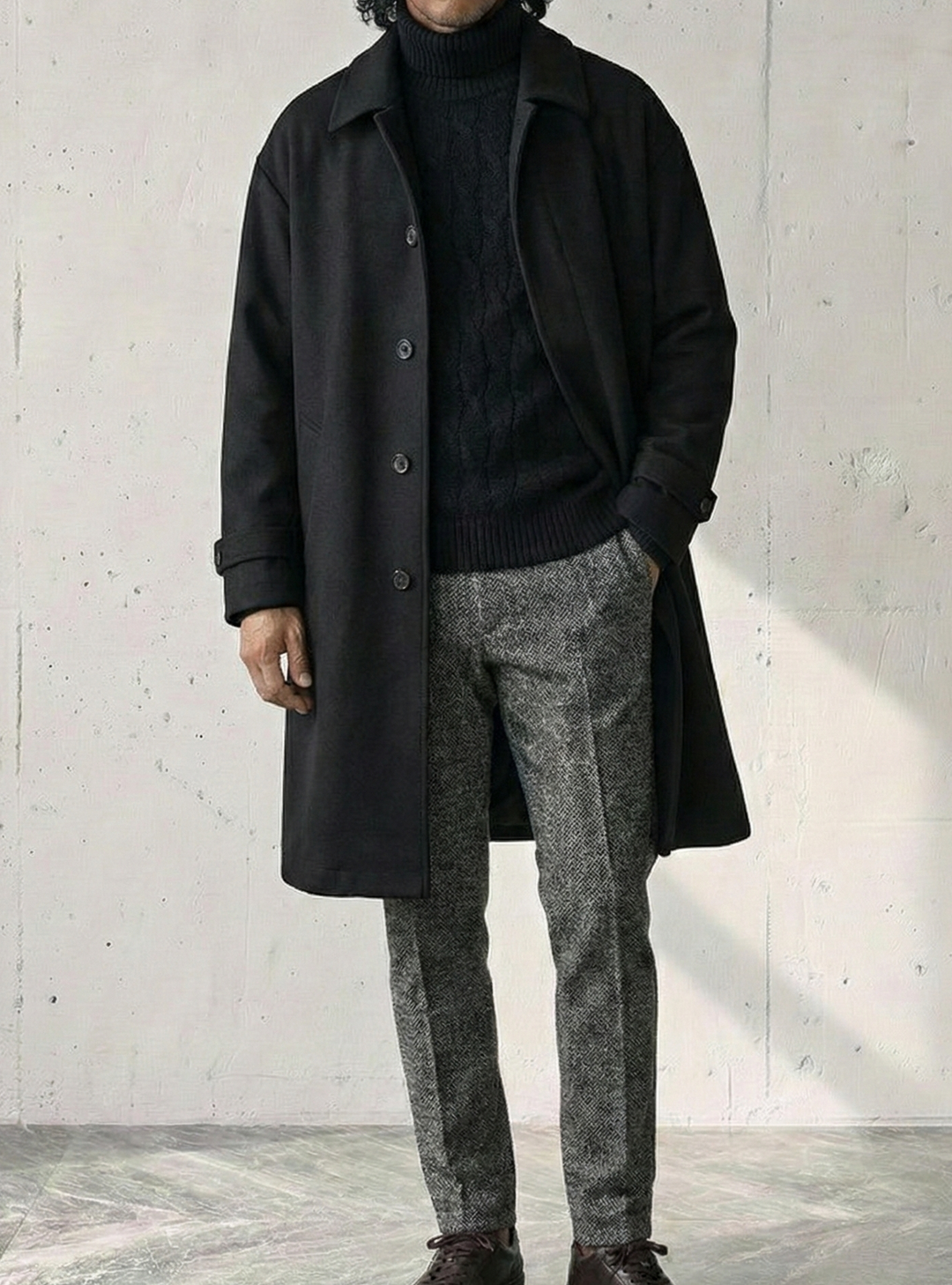 Herringbone Padded Mid-length Wool Coat｜BM-O-128