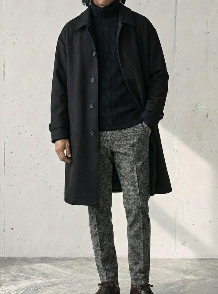 Herringbone Padded Mid-length Wool Coat｜BM-O-128