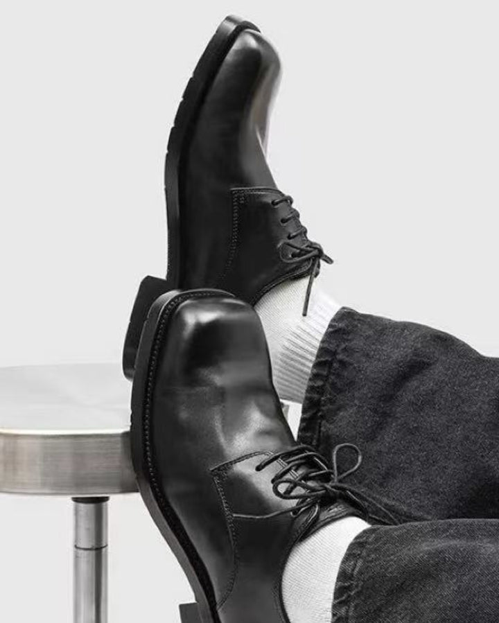 Square Toe Lace-Up Leather Derby Shoes Black｜BM-SH-26