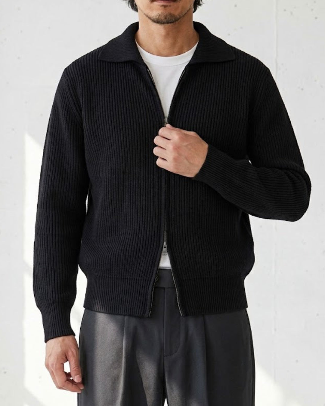 Ribbed Double-Zip Collared Knit Cardigan｜BM-T-184