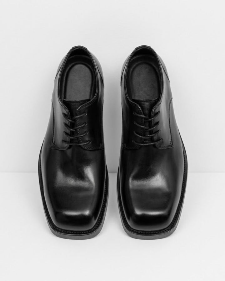 Square Toe Lace-Up Leather Derby Shoes Black｜BM-SH-26