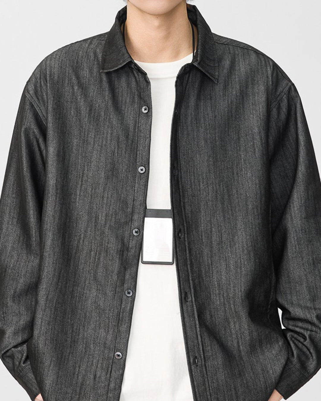 Contrast Hem Denim-Look Shirt｜BM-T-182