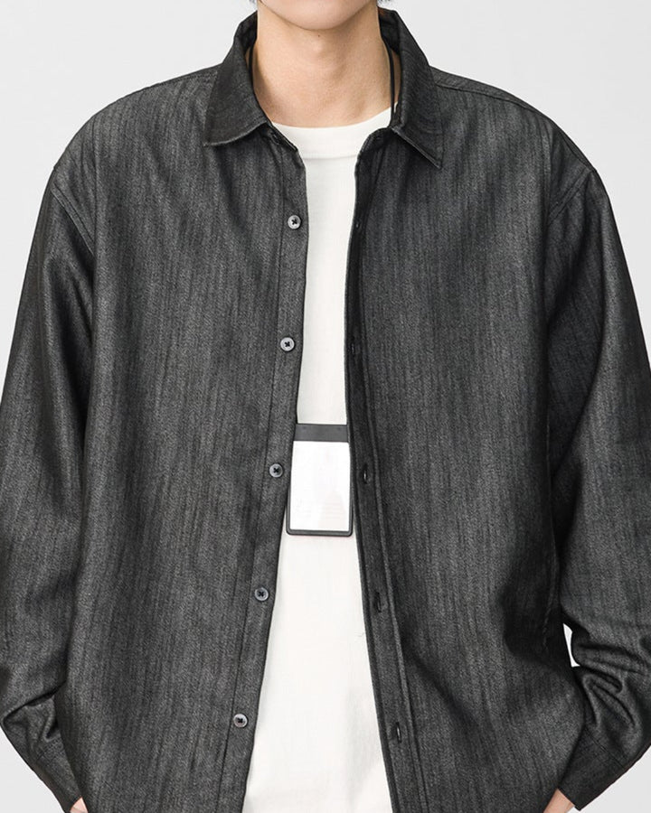 Contrast Hem Denim-Look Shirt｜BM-T-182