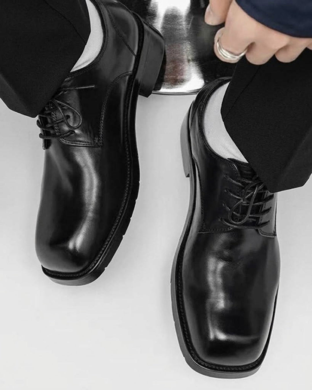 Square Toe Lace-Up Leather Derby Shoes Black｜BM-SH-26