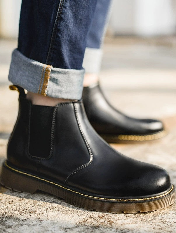 Side Gore Black Mid-Top Leather boots｜BM-SH-14 – BOZBRO