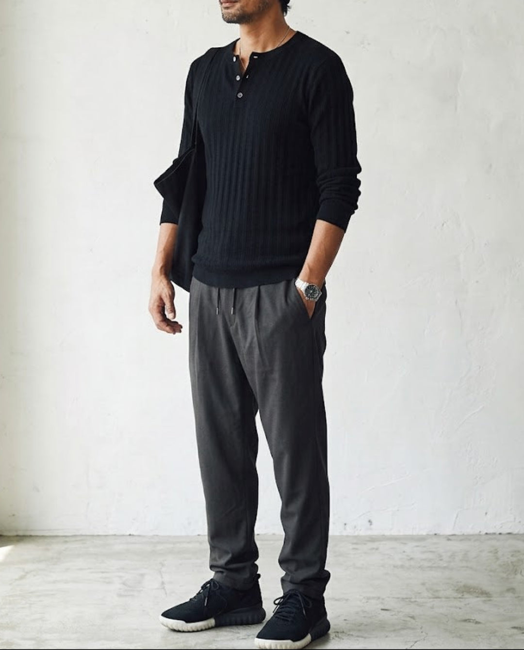 Ribbed Henley Neck Layered Knit Sweater｜BM-T-186