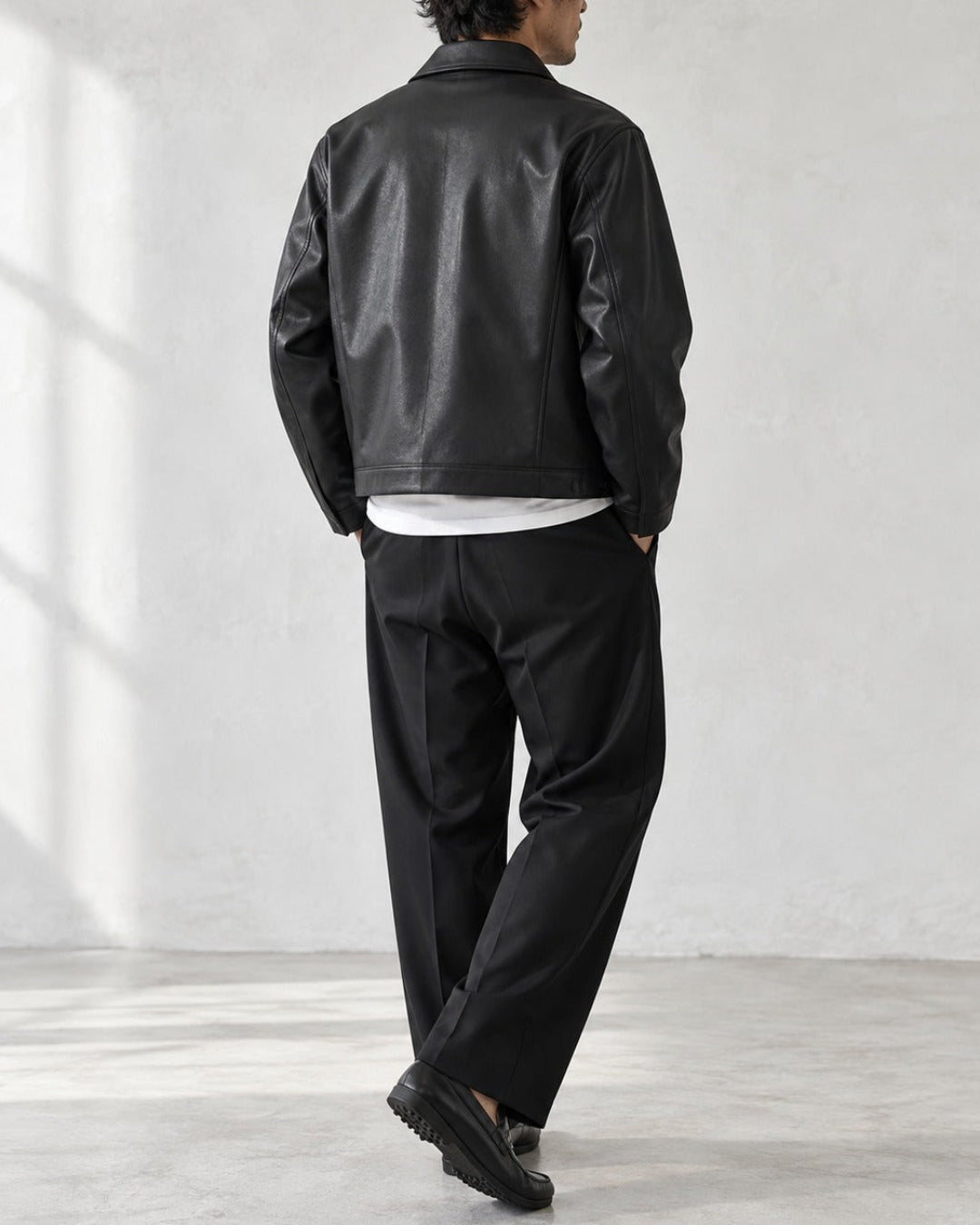 Cropped Faux Leather Zip Collar Black Jacket｜BM-O-146