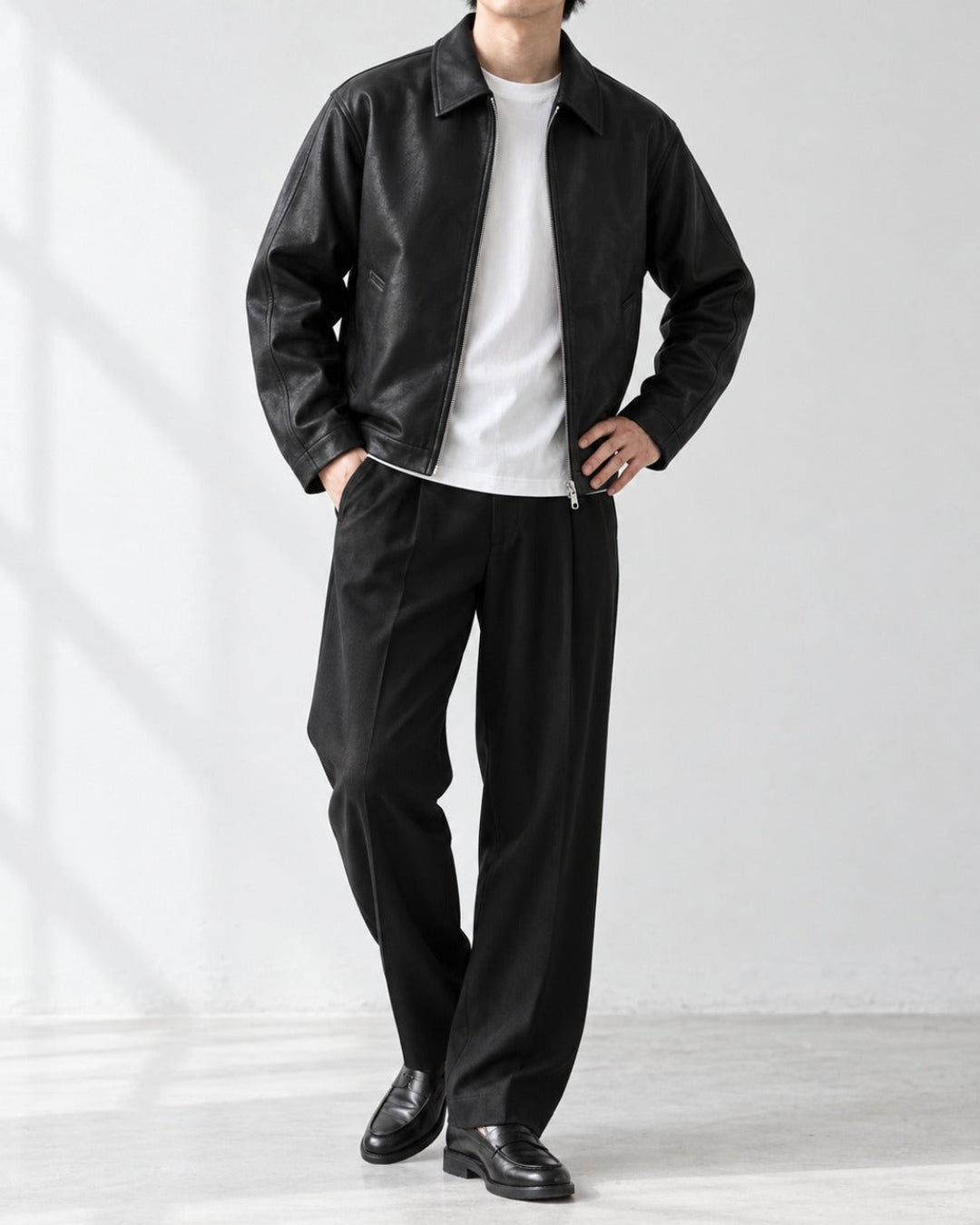 Cropped Faux Leather Zip Collar Black Jacket｜BM-O-146