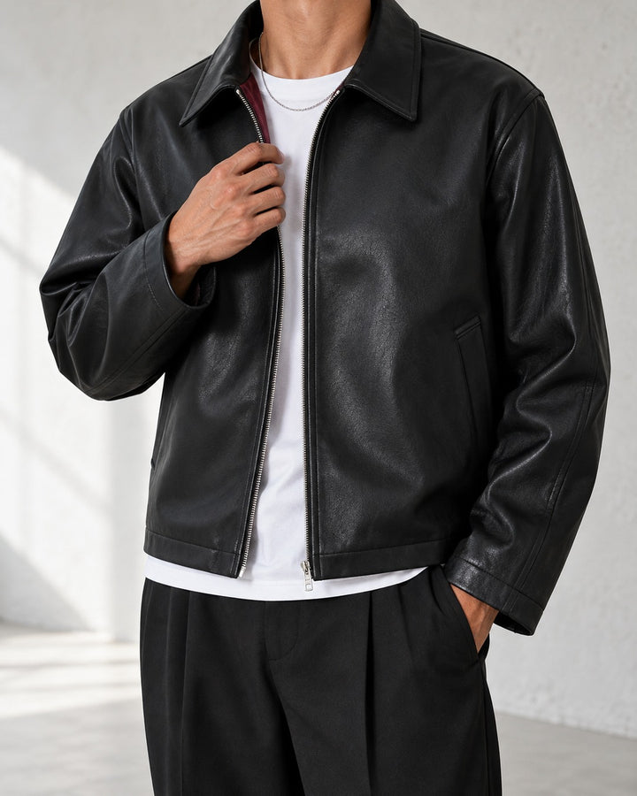 Cropped Faux Leather Zip Collar Black Jacket｜BM-O-146