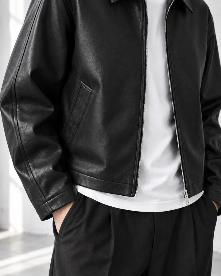 Cropped Faux Leather Zip Collar Black Jacket｜BM-O-146