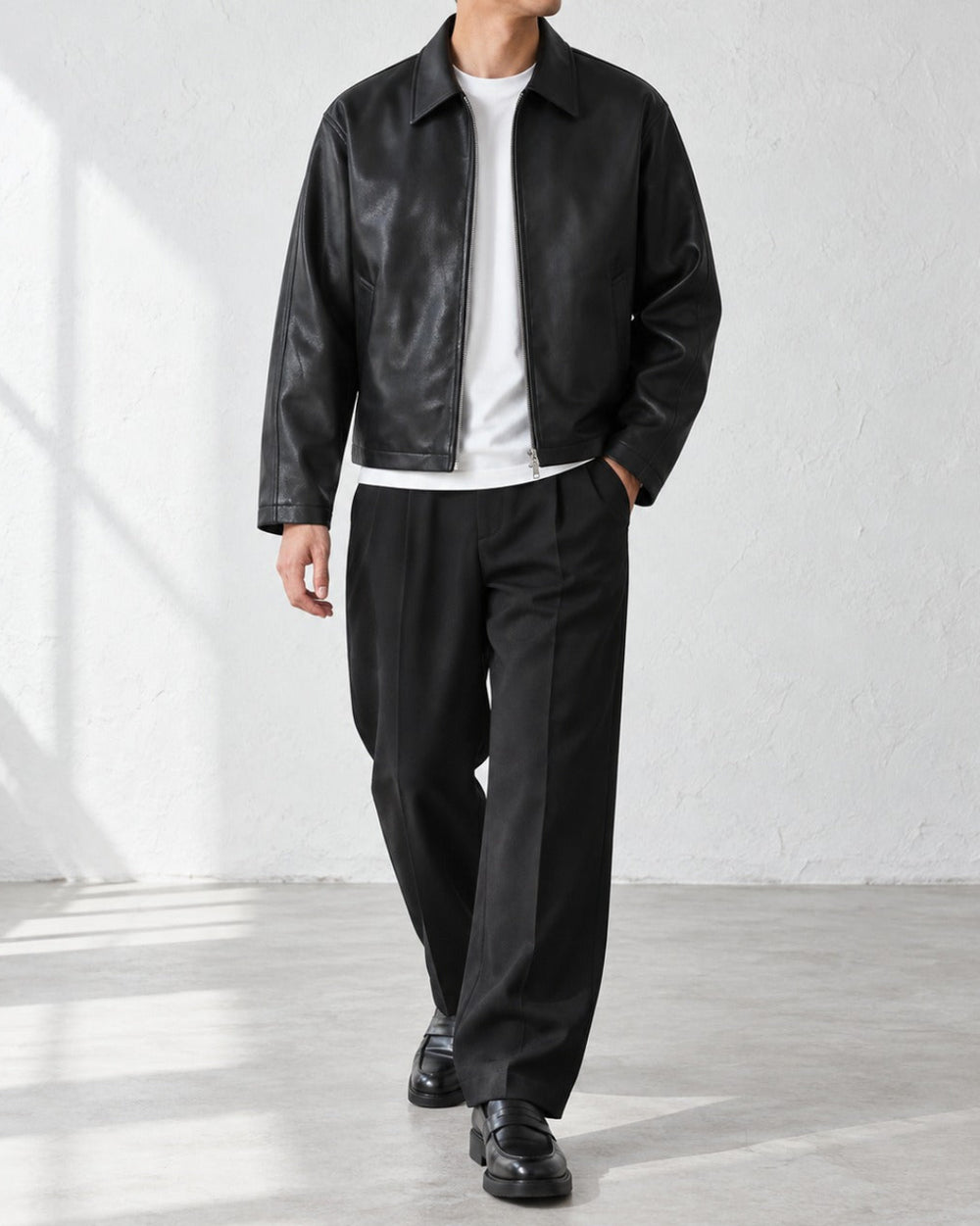 Cropped Faux Leather Zip Collar Black Jacket｜BM-O-146