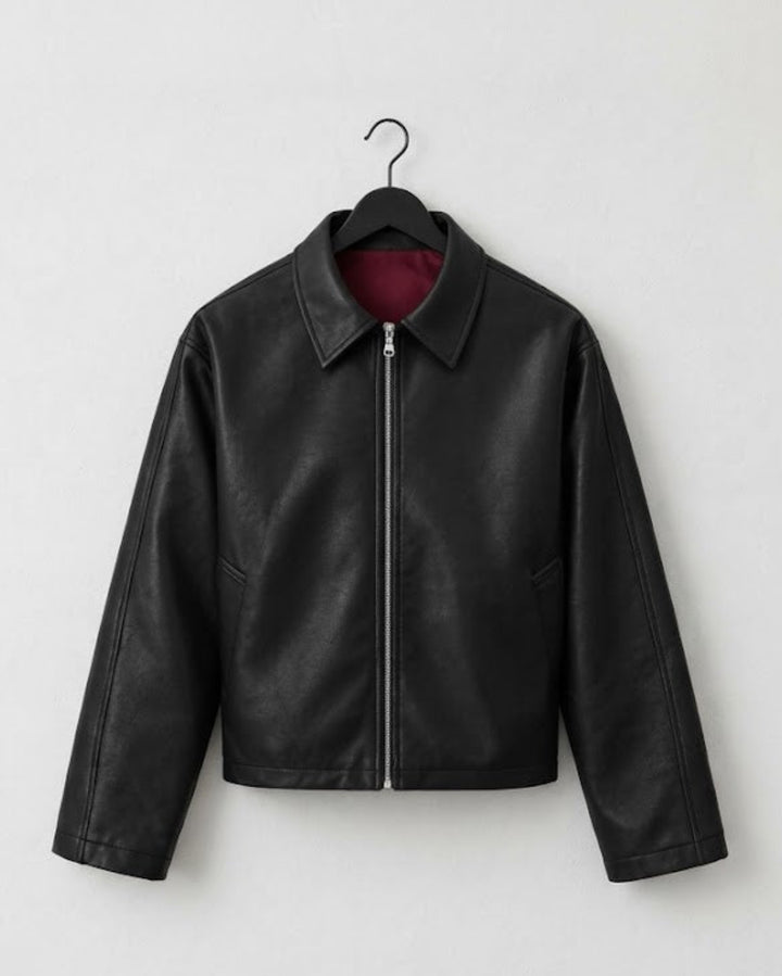Cropped Faux Leather Zip Collar Black Jacket｜BM-O-146