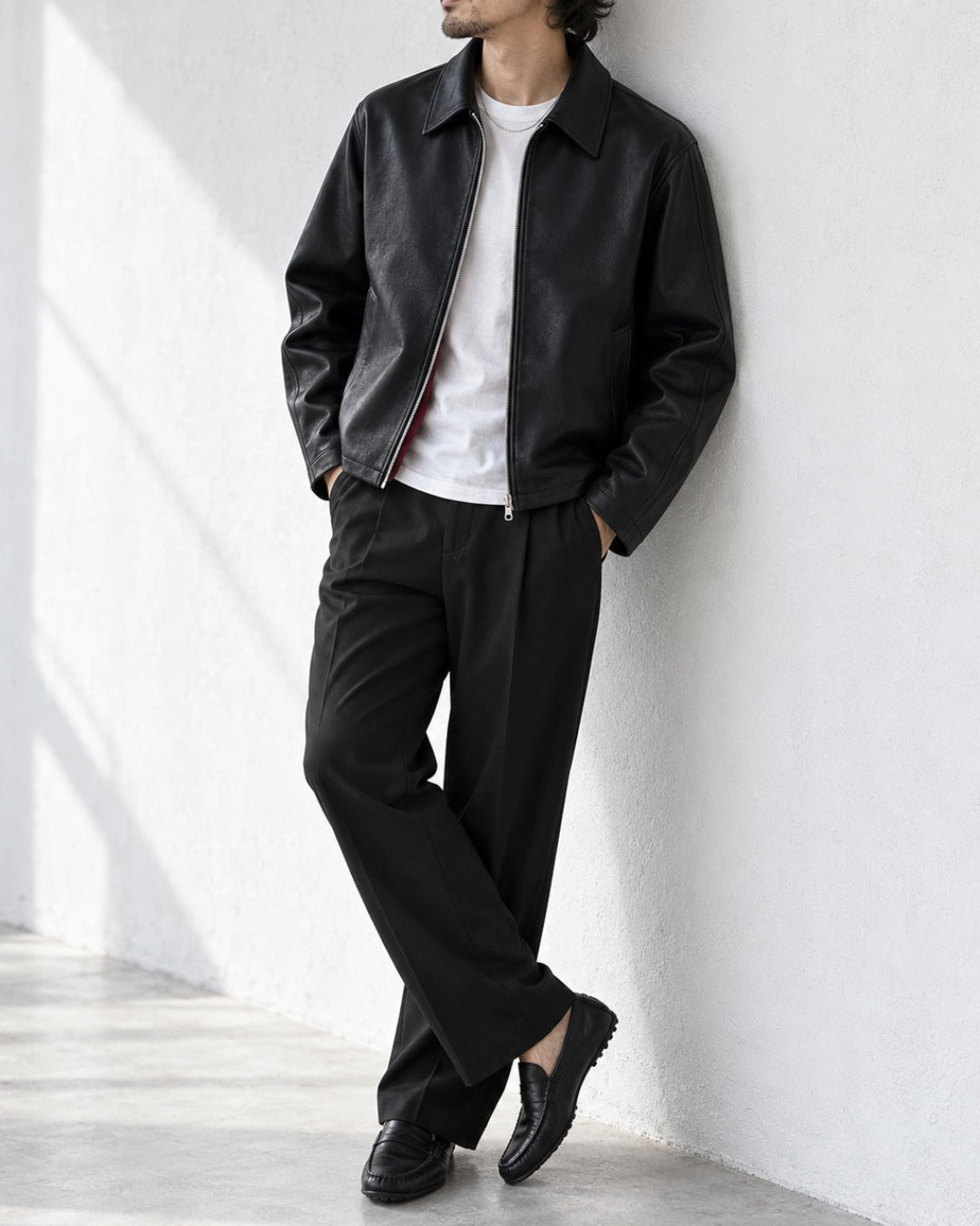 Cropped Faux Leather Zip Collar Black Jacket｜BM-O-146