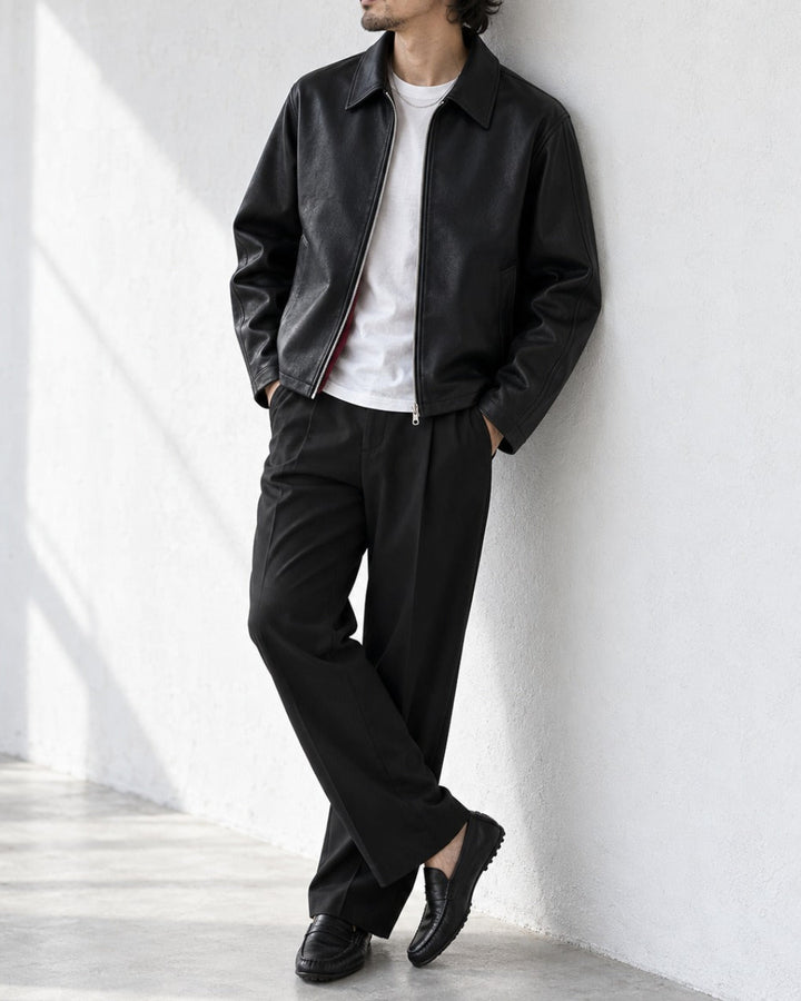 Cropped Faux Leather Zip Collar Black Jacket｜BM-O-146