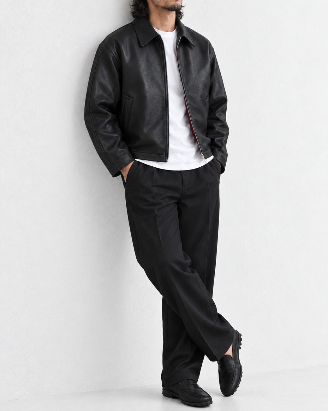 Cropped Faux Leather Zip Collar Black Jacket｜BM-O-146