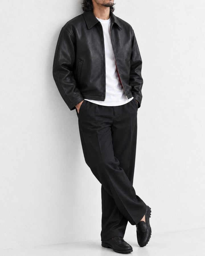 Cropped Faux Leather Zip Collar Black Jacket｜BM-O-146