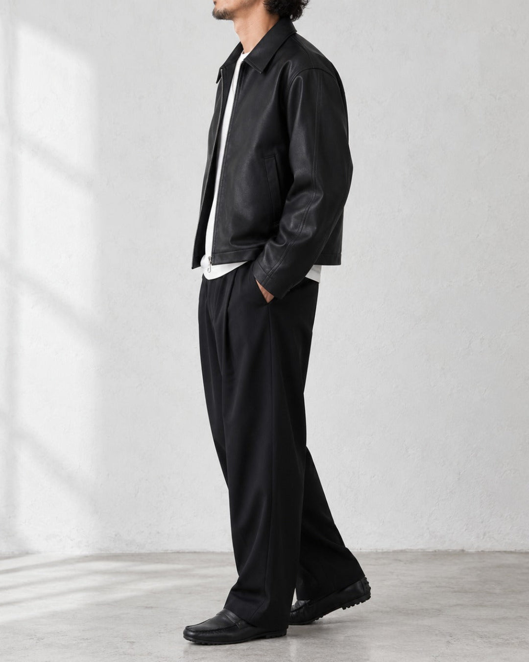 Cropped Faux Leather Zip Collar Black Jacket｜BM-O-146
