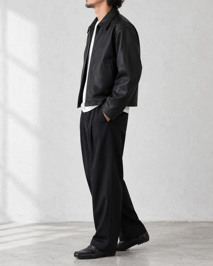 Cropped Faux Leather Zip Collar Black Jacket｜BM-O-146