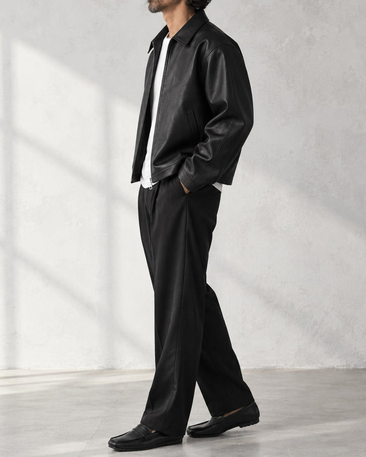 Cropped Faux Leather Zip Collar Black Jacket｜BM-O-146
