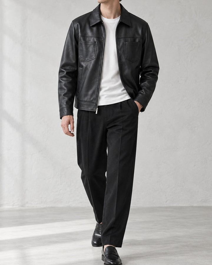 Faux Leather Collared Moto Jacket｜BM-O-150