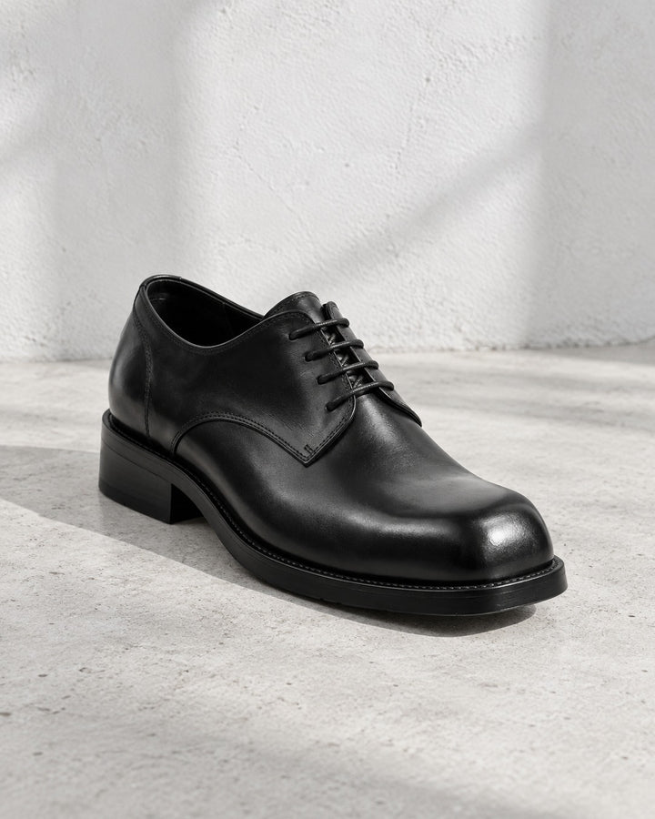 Square Toe Lace-Up Leather Derby Shoes Black｜BM-SH-26