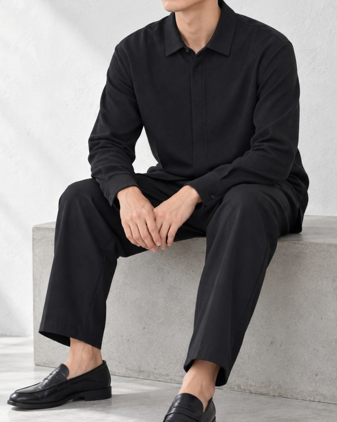 Texture Hidden Placket Long-Sleeve Shirt｜BM-T-178