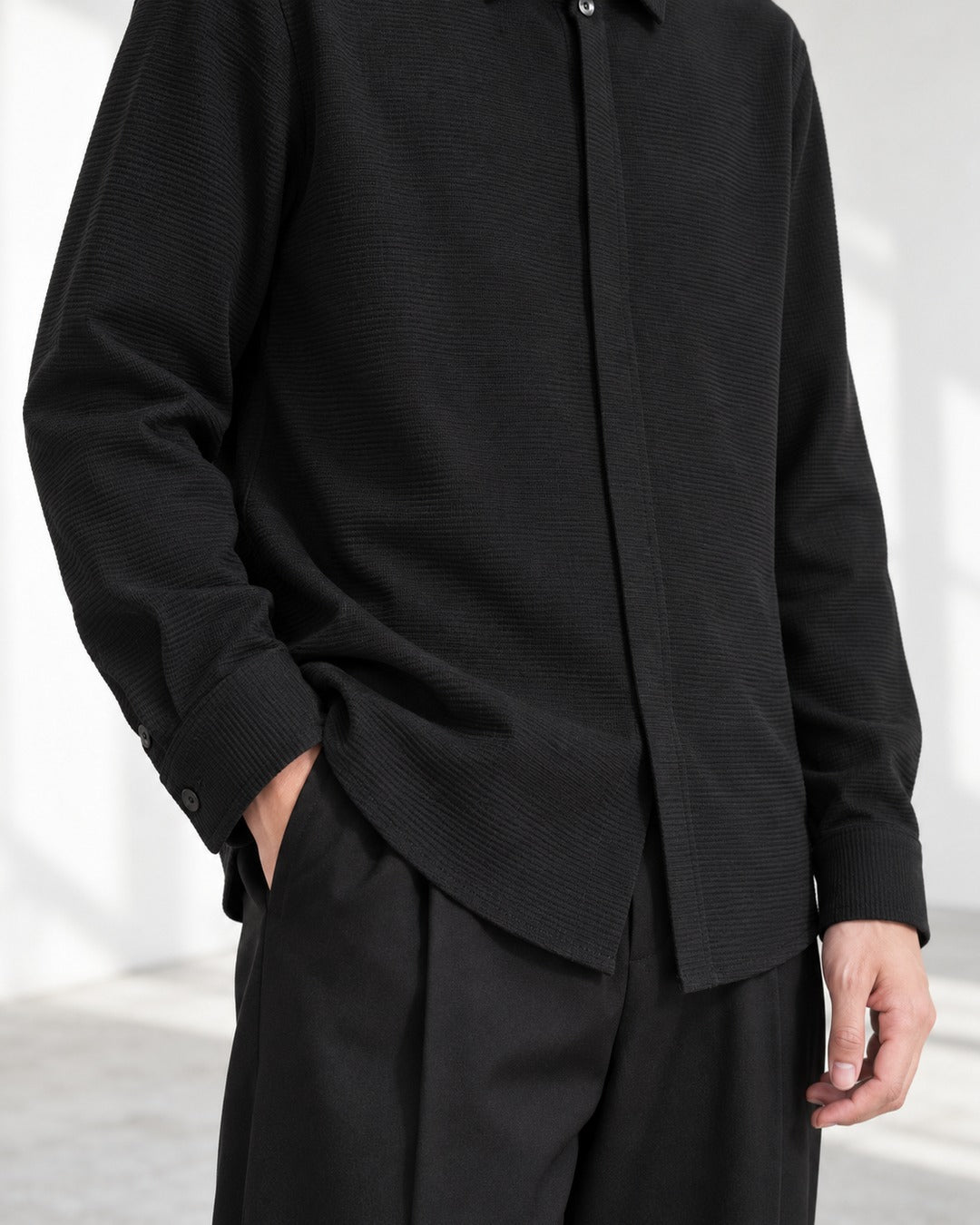 Texture Hidden Placket Long-Sleeve Shirt｜BM-T-178