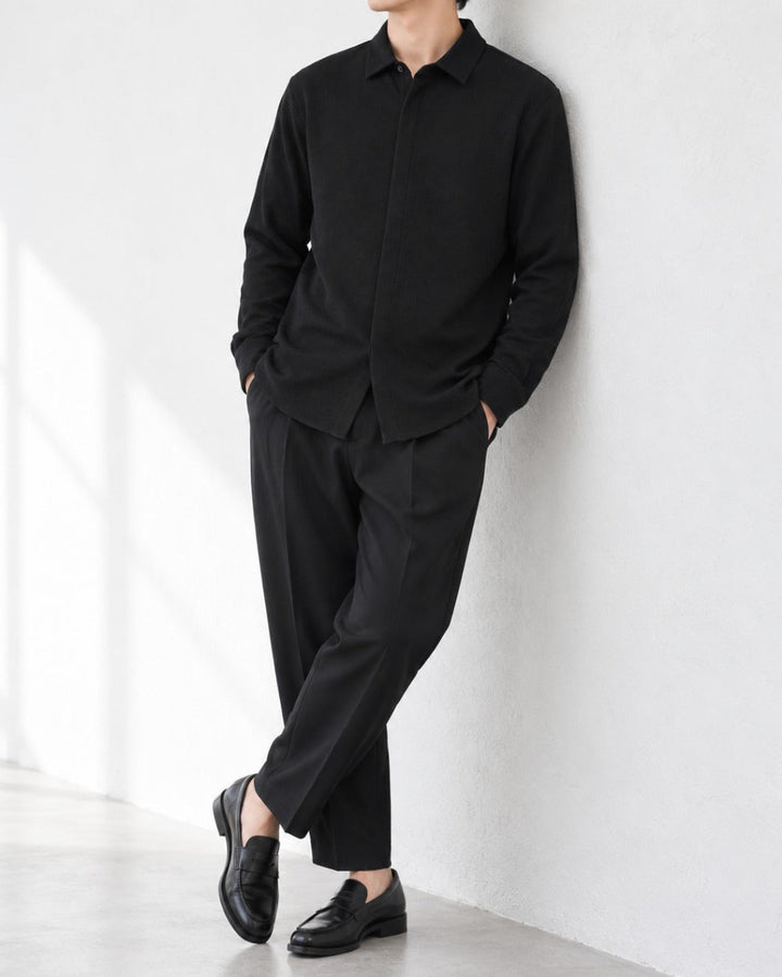 Texture Hidden Placket Long-Sleeve Shirt｜BM-T-178