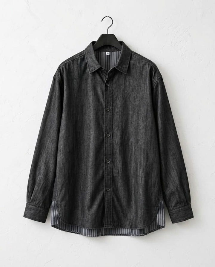 Contrast Hem Denim-Look Shirt｜BM-T-182