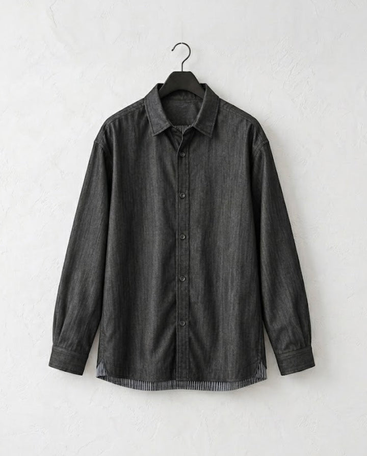Contrast Hem Denim-Look Shirt｜BM-T-182