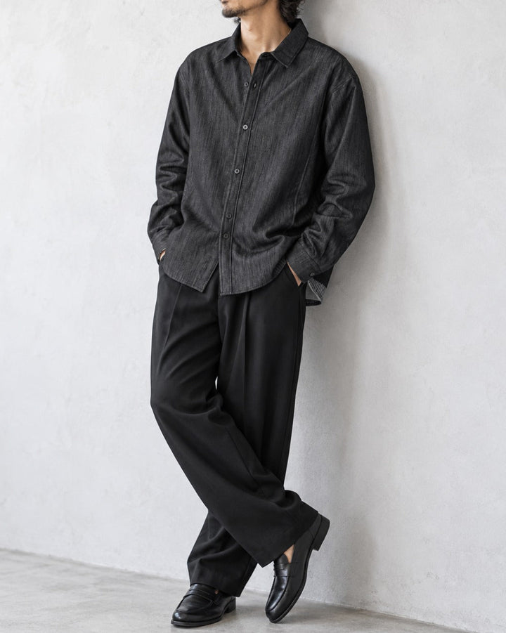 Contrast Hem Denim-Look Shirt｜BM-T-182