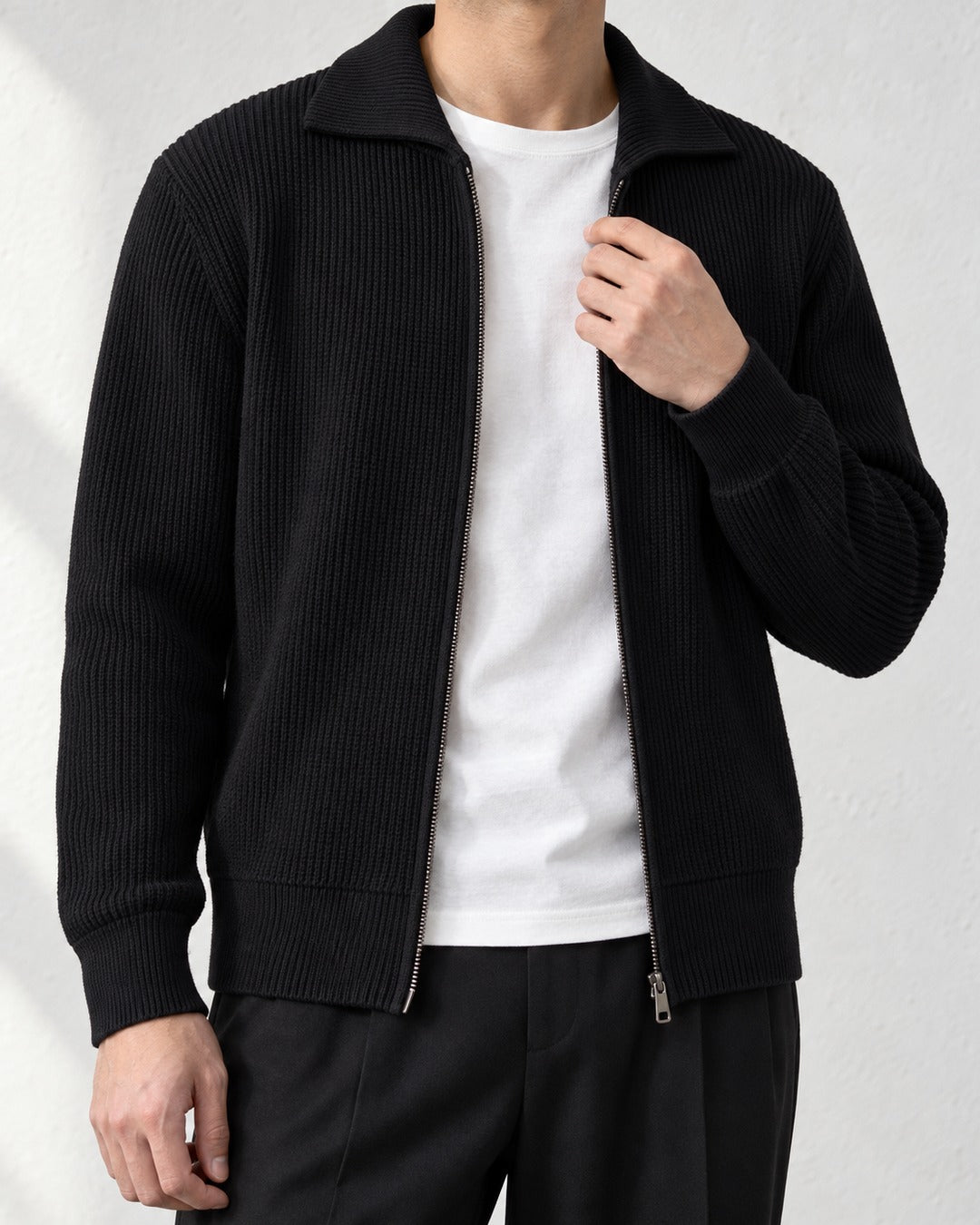 Ribbed Double-Zip Collared Knit Cardigan｜BM-T-184