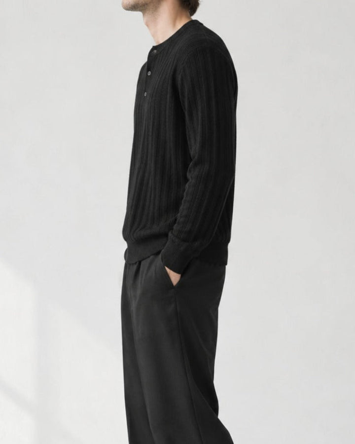 Ribbed Henley Neck Layered Knit Sweater｜BM-T-186