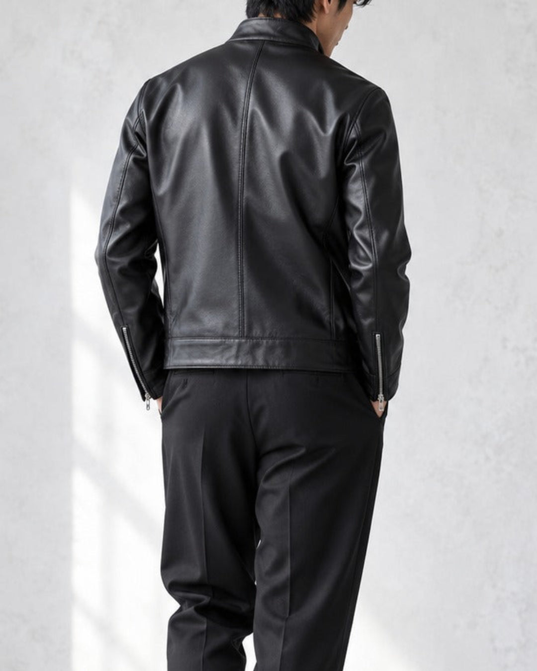 Genuine Sheepskin Stand Collar Black Leather Jacket｜BM-T-188