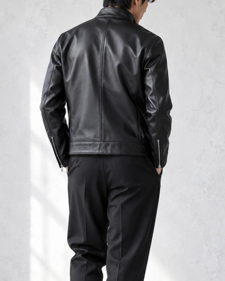 Genuine Sheepskin Stand Collar Black Leather Jacket｜BM-T-188