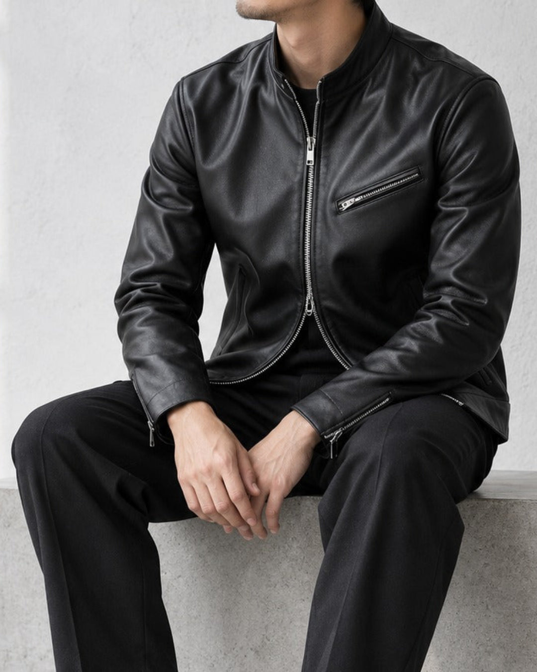Genuine Sheepskin Stand Collar Black Leather Jacket｜BM-T-188
