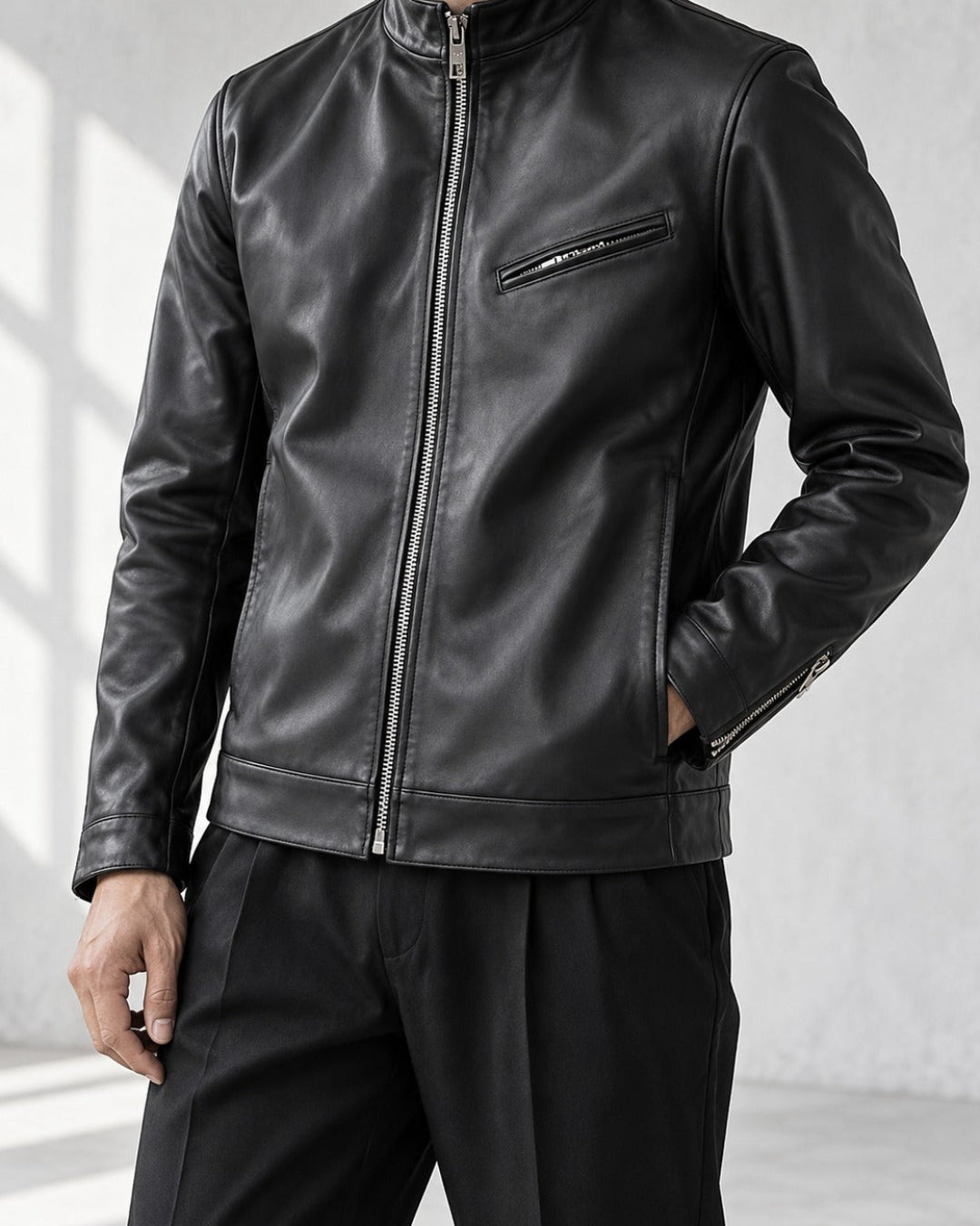 Genuine Sheepskin Stand Collar Black Leather Jacket｜BM-T-188