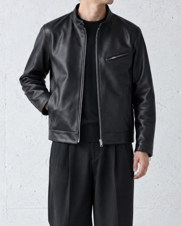 Genuine Sheepskin Stand Collar Black Leather Jacket｜BM-T-188