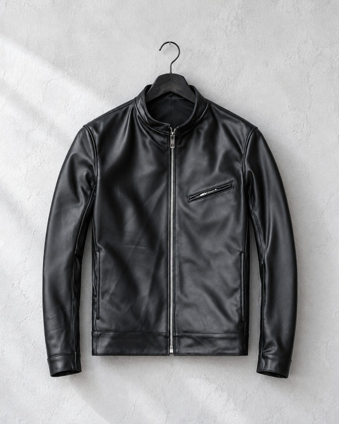 Genuine Sheepskin Stand Collar Black Leather Jacket｜BM-T-188