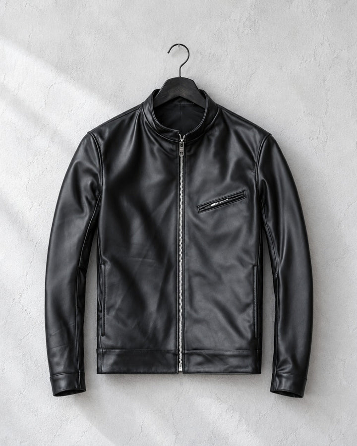 Genuine Sheepskin Stand Collar Black Leather Jacket｜BM-T-188