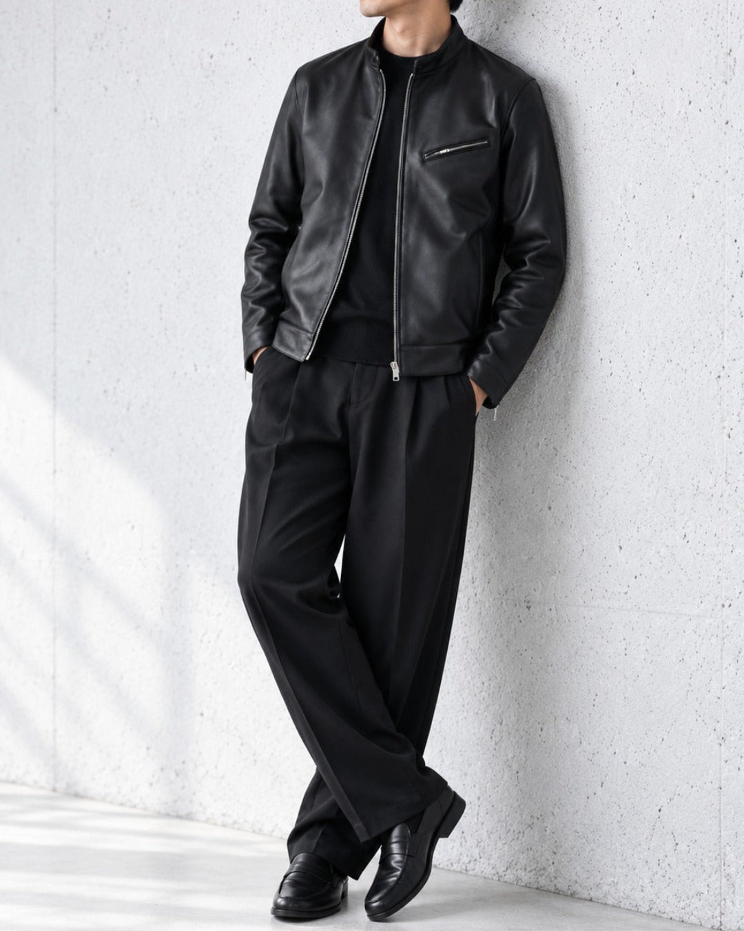 Genuine Sheepskin Stand Collar Black Leather Jacket｜BM-T-188