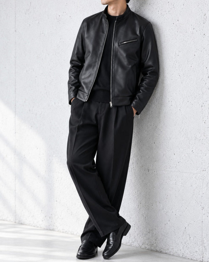 Genuine Sheepskin Stand Collar Black Leather Jacket｜BM-T-188