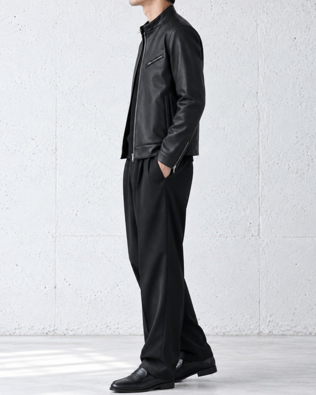 Genuine Sheepskin Stand Collar Black Leather Jacket｜BM-T-188