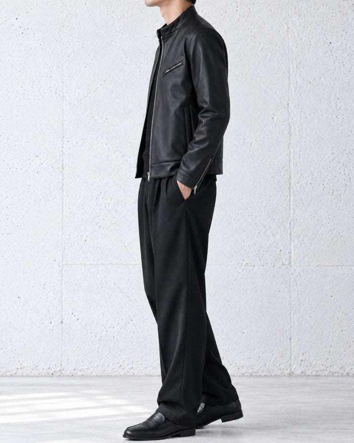 Genuine Sheepskin Stand Collar Black Leather Jacket｜BM-T-188