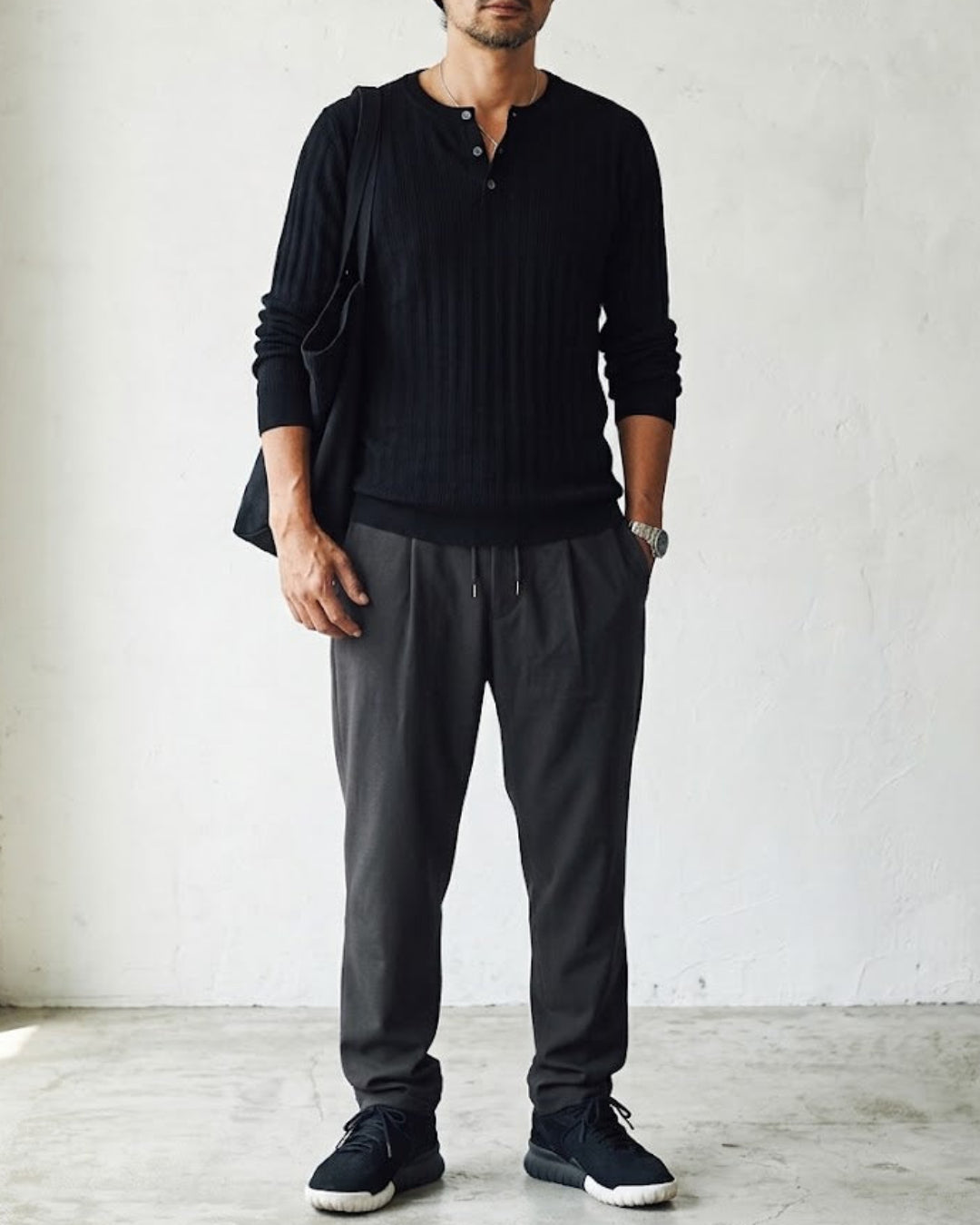 Ribbed Henley Neck Layered Knit Sweater｜BM-T-186