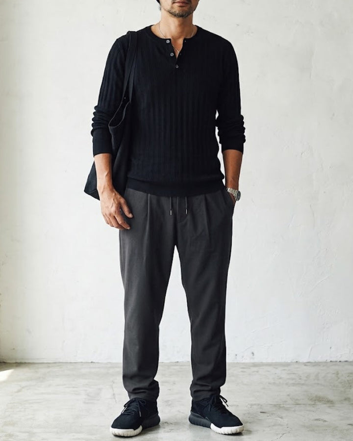 Ribbed Henley Neck Layered Knit Sweater｜BM-T-186